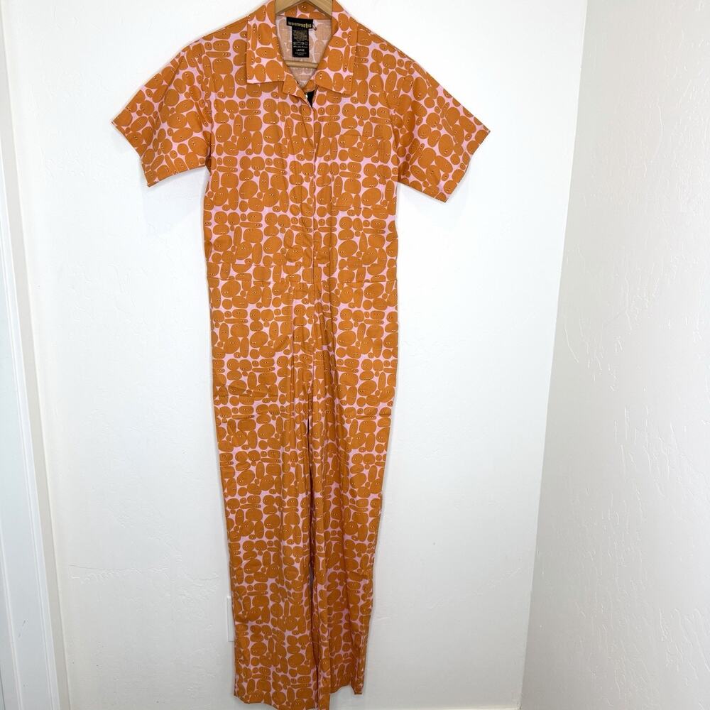 Nooworks Pebble People Print Jumpsuit Womens Large Pink Orange Eyes